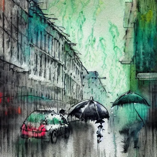 Image similar to pen with watercolor matte art painting of a beautiful green park in the middle of a modern old town city by banksy, carne griffiths and monet. Street photography. rainy day.