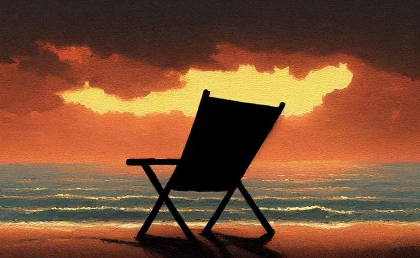 Image similar to silhouette painting of a beach chair at sunset with ocean waves in background, natural light, concept art, by greg rutkowski, cozy atmospheric and cinematic lighting