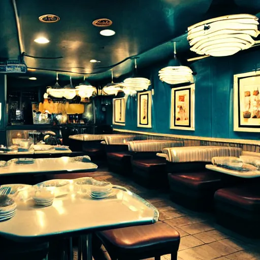 Image similar to inside of a diner with jellyfish lampshades, cozy lighting, late night, photo