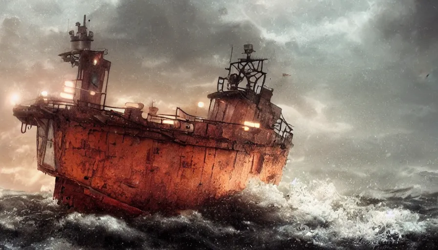 Prompt: abandoned rusted cargo boat in the sea, thunderstorm, rain, lightning, waves, hyperdetailed, artstation, cgsociety, 8 k