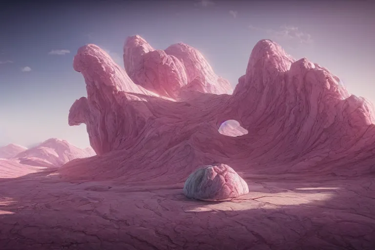 Image similar to pink desert, a broken white marble octane render detailed unreal engine 5 surrealism by leon tukker and jacek yerka