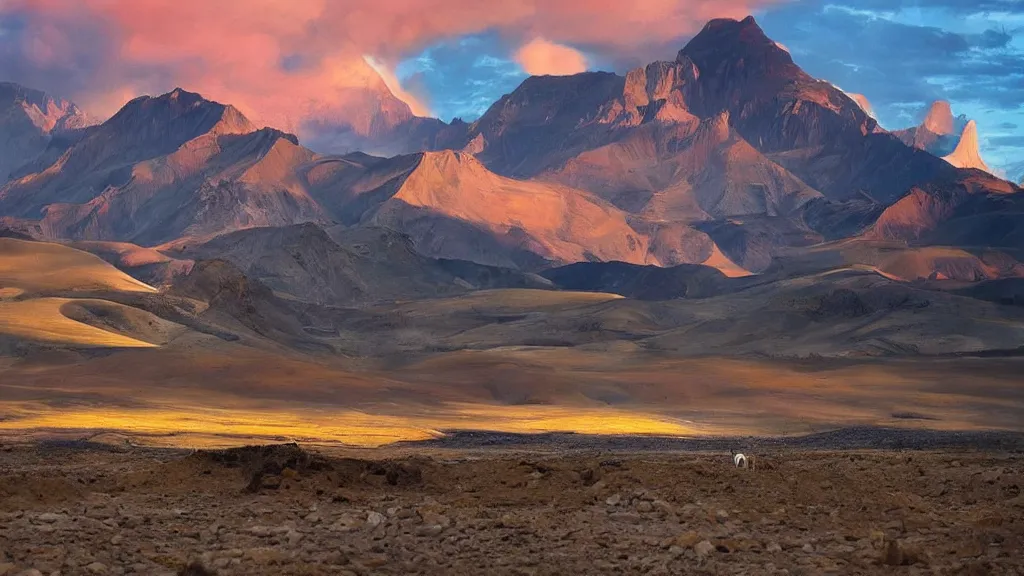 Prompt: amazing landscape photo of the Namib landscape with mountains in the distance and an Oryx standing in the foreground by marc adamus, beautiful dramatic lighting