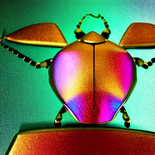 Image similar to iridescent metal robot beetle made out of simple geometric shapes. tilt shift photography. award winning