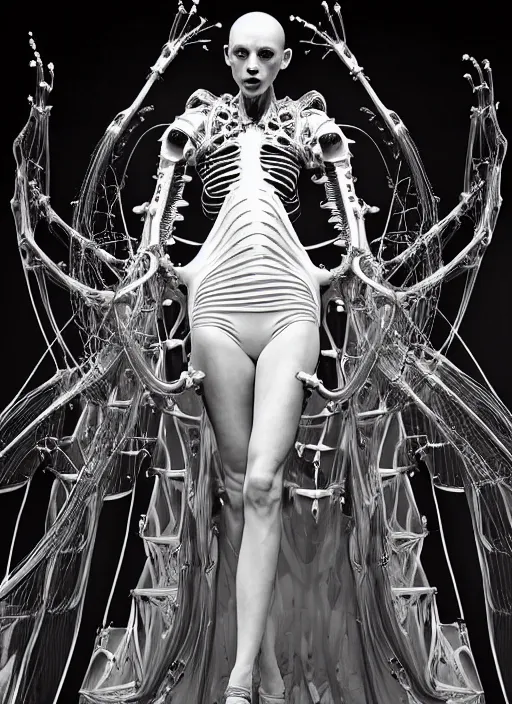 Image similar to walking down the catwalk, show, stage, vogue photo, podium, fashion show photo, historical baroque dress, iris van herpen, beautiful woman, full body shot, masterpiece, inflateble shapes, alien, giger, plant predator, guyver, jellyfish, wires, veins, white biomechanical details, wearing epic bionic cyborg implants, highly detailed