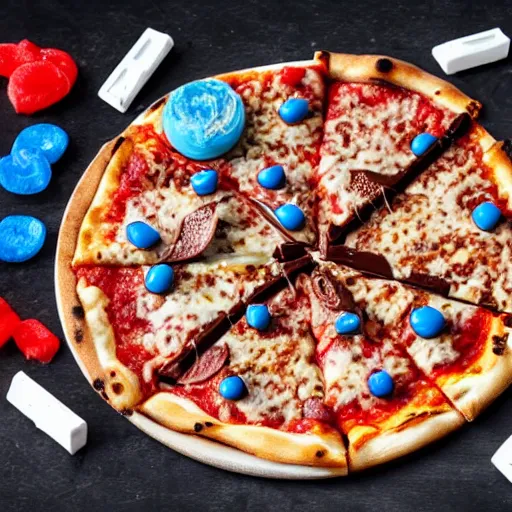 Prompt: Pizza with some chocolate and a lot of candy smurfs