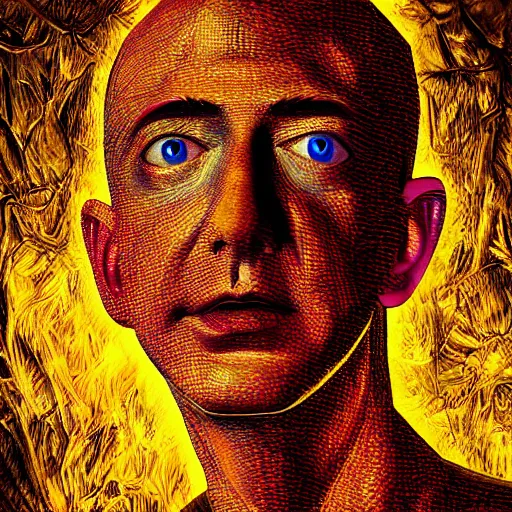 Image similar to jeff bezos sitting pile of gold scariest horror nightmare by junji ito, digital art, deepdream cosmic, 3 d high definition, trending on artstation, photorealistic, high resolution, 8 k, octane, hyper detailed, trending on deviantart insane details, intricate, elite, ornate, elegant trend, highly detailed and intricate, sharp focus, photography, unreal engine