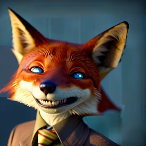 Image similar to weta disney pixar movie still macro close photo of smiling anthropomorphic fox wearing a suit : : by weta, greg rutkowski, wlop, ilya kuvshinov, rossdraws, artgerm, octane render, iridescent, bright morning, anime, liosh, mucha : :