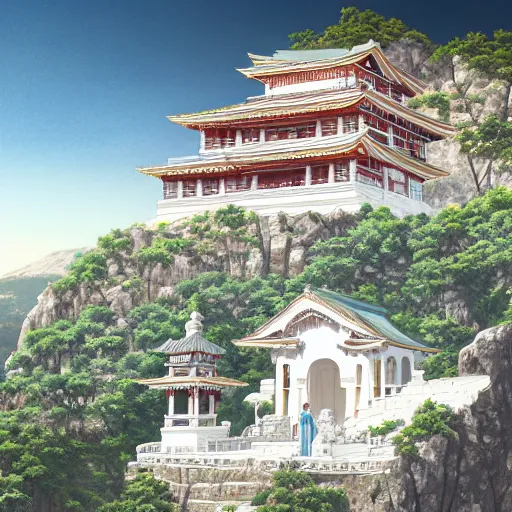 Image similar to concept art painting of a white marble temple on top of a mountain, with greek and japanese architecture, overlooking a valley with a village below, realistic, detailed, cel shaded, in the style of makoto shinkai and greg rutkowski and albert bierstadt and james gurney