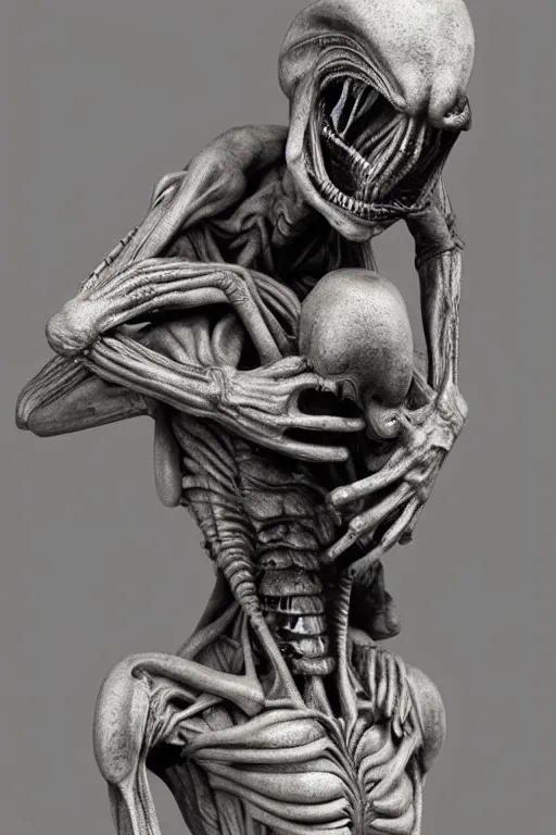 Prompt: giger sculpture of an alien from the movie alien holding a severed human by francisco jose de goya, giger, pixiv, vanitas, chiaroscuro, grotesque, demonic photograph