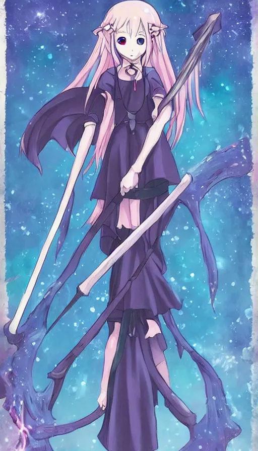 Image similar to a beautiful link drawing of the being death as a cute anime girl with a giant scythe from a studio ghibli film inspired by the death tarot card, dark vibes, pastel colors, cosmic,