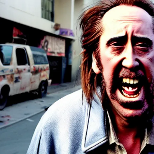 Image similar to uhd candid photo of dirty, homeless nicholas cage ranting maniacally in the street. skid row. correct face, accurate face, exaggerated features, intricate details, hyperdetailed, accurate face, studio lighting, photorealistic. photo by annie leibowitz