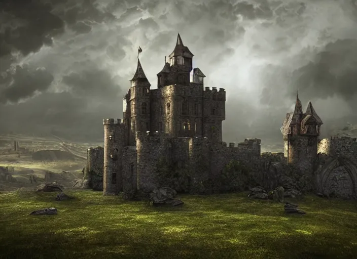 Image similar to Castle, landscape, stormy night, backlit, ominous landscape, magical spell, haze, photoreal, Vray, render, high detail, hyper-realism
