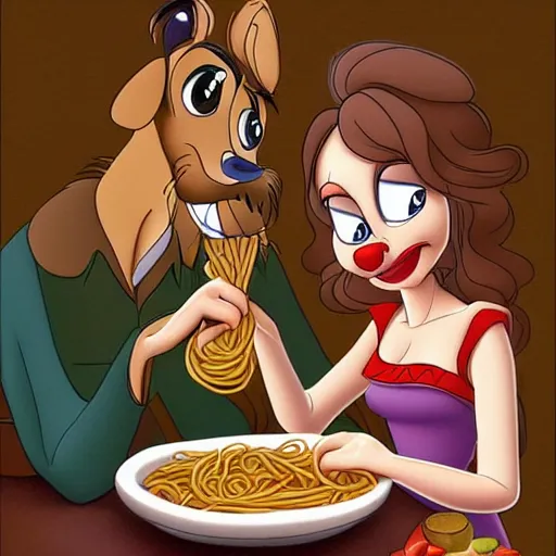 Image similar to kevin heart and melissa mcarthy lady and the tramp spaghetti, human, highly detailed, realistic style