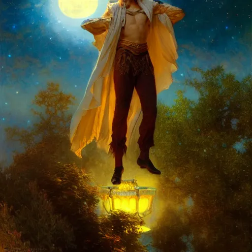 Prompt: attractive male wizard magically floating high in the night sky, fantasy, full moon in background. highly detailed painting by gaston bussiere, craig mullins, j. c. leyendecker, mid shot, 8 k