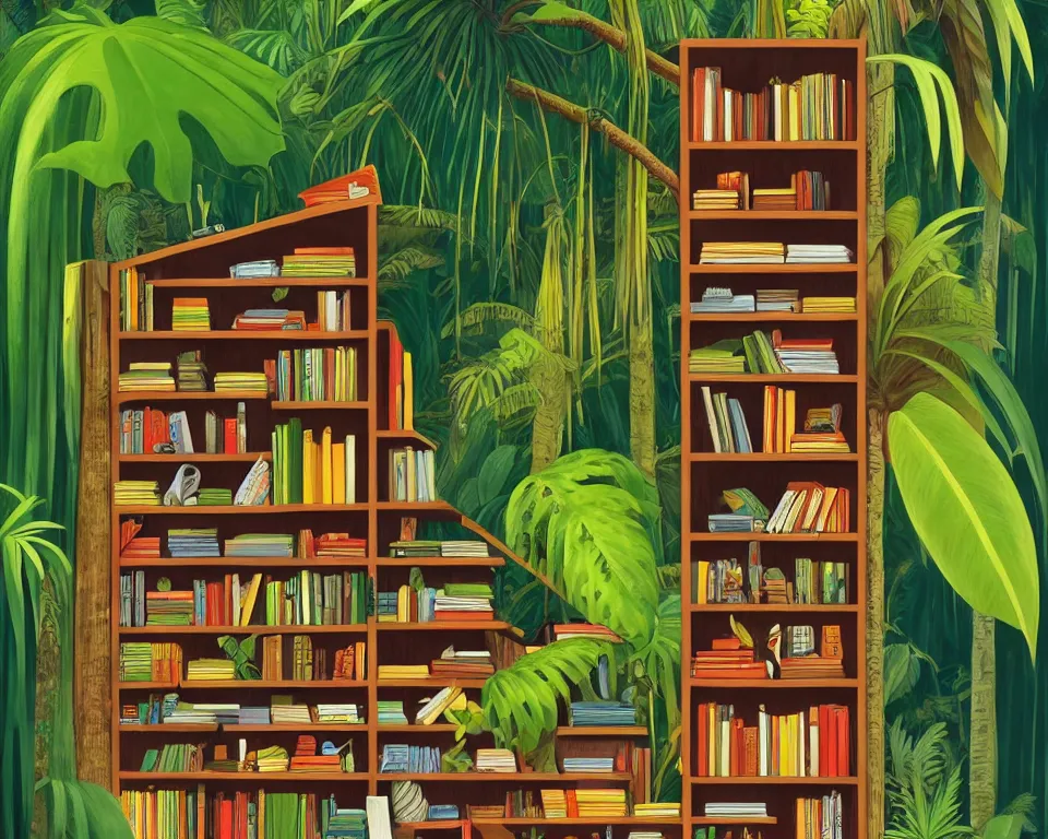 Prompt: one small bookshelf in the rainforest, featuring gavels, by hopper. hyperdetailed, proportional, romantic, enchanting, achingly beautiful, graphic print, trending on artstation, jungle, tropical, foliage