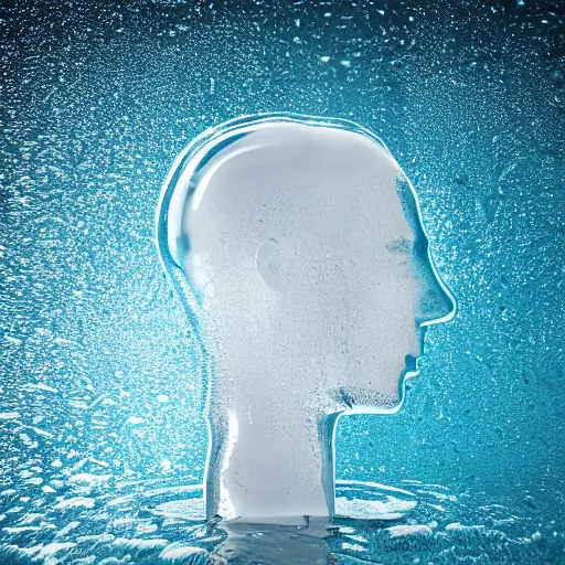 Image similar to a human head made of water, minimalist logo icon, white background, futuristic, glowing, hyper realistic, ray tracing, realistic water splashes, sharp focus, long shot, 8 k resolution