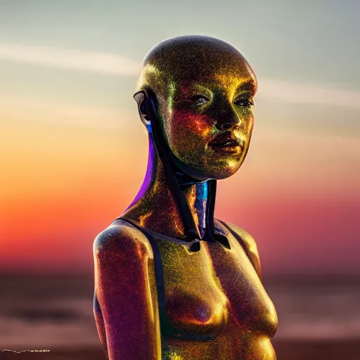 Prompt: Full body beautiful Fine art photography of a solarpunk half robot half human girl with real human face, led lights over body, highly detailed, photorealism, sunset lighting 8k