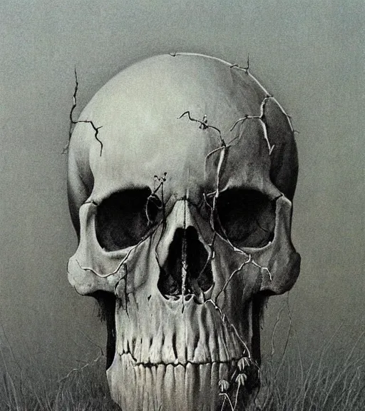 Prompt: skull, ivy, death by zdislaw beksinski