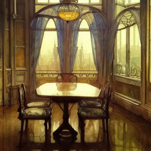 Image similar to a beautifull intricate watercolour painting of a dining room, reflexions, verry high details by william turner art, greg rutkowski and alphonse mucha, trending on artstation, very very detailed, masterpiece, muted colors