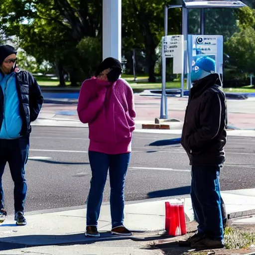 Image similar to 3 people at a bus stop using IV drugs like heroin and fentanyl