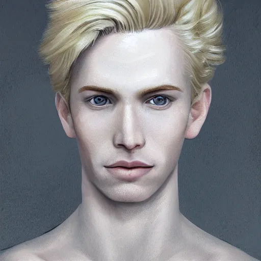 Image similar to A pregnant blond androgynous prince with closed eyes smiling, very detailed sharp angular pale white masculine face, (12x) extremely pale white skin, hooked nose and square jaw long fluffy curly blond hair, light blond hair, gorgeous, beautiful, intricate, highly detailed, digital painting, artstation, concept art, sharp focus, illustration, art by greg rutkowski and alphonse mucha