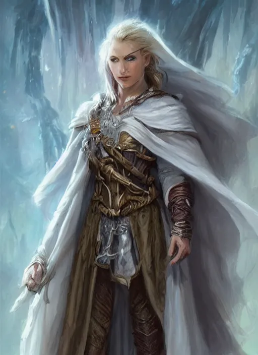 Image similar to white cloak, ultra detailed fantasy, dndbeyond, bright, colourful, realistic, dnd character portrait, full body, pathfinder, pinterest, art by ralph horsley, dnd, rpg, lotr game design fanart by concept art, behance hd, artstation, deviantart, hdr render in unreal engine 5