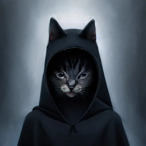 Image similar to a portrait of a kitten wearing a black hood, cloak covering face, anatomically correct, beautiful perfect face, enigmatic, oil painting, matte, black background, Volumetric dynamic lighting, Highly Detailed, Cinematic Lighting, Unreal Engine, 8k, HD, by Beksinski