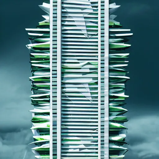 Prompt: fractal modern skyscraper by Zaha Hadid, white structural geometric elements, dark green glass, very realistic, very detailed, cinematic lighting, architecture photography, artstation, complicated, elegant ,by Andreas Gursky