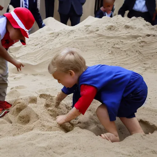 Image similar to trump is playing in a sandbox but won't let other kids play, gettyimages,