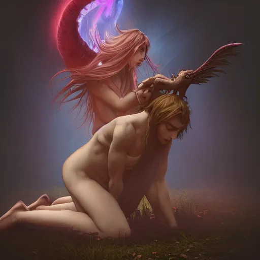 Prompt: an demoness kneeling down trying to resurrect his friend from dead, mystic aura and fog artstation, Grim fantasy,emotional, EOS R5, f/2.5 , illustration , concept art, award winning photograph, 8k, Alphonse Mucha style,