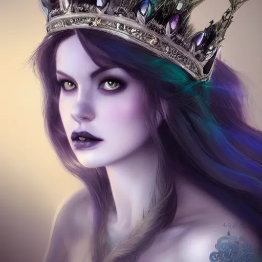 Image similar to detailed portrait of a dark fairy queen , realism, pale blue, emerald, sapphire,dark purple crown,leaves, moonlit, dark fantasy, dramatic lighting, cgsociety, artstation