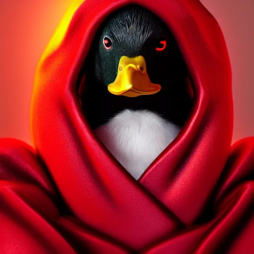 Prompt: portrait of cute mallard duck, wearing cultist red robe, inside a castle, black feathers, glowing arcane eyes, cgi, ultra detailed 3 d render, digital art, 8 k, octane render, unreal engine 5, trending on art station