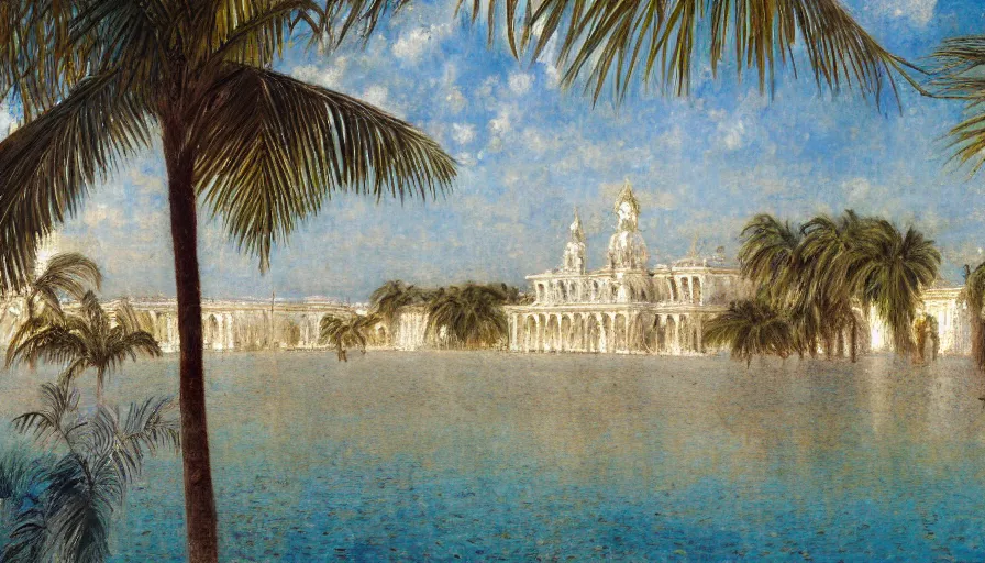 Image similar to a ultradetailed beautiful painting of the amazonas palace balustrade designed by jules bastien - lepage, hans belmer, frank weston and gustave baumann, beach, trending on artstation, mediterranean, palm trees, refracted color sparkles, sharp focus, soft light, 8 k 4 k