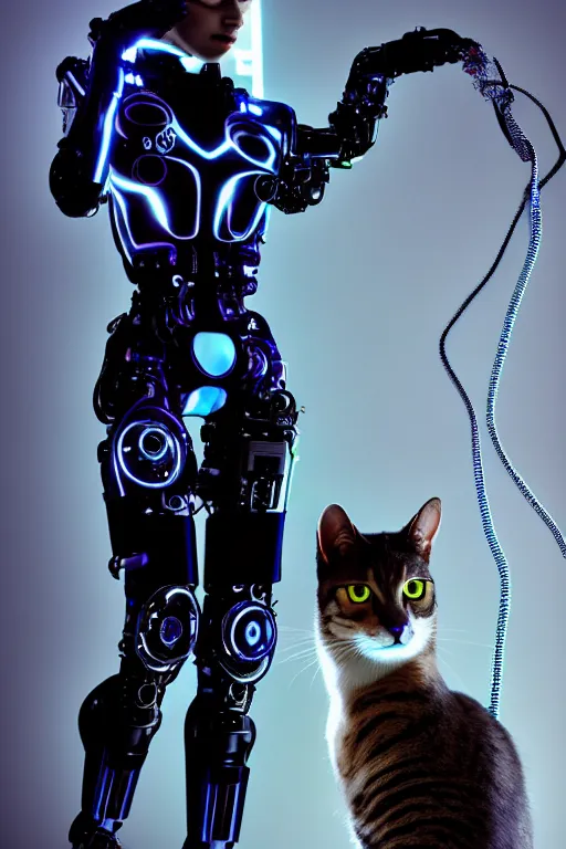 Image similar to cybernetic high tech catgirl with a cybercat on her head, sci - fi, cyberpunk, futurism, exoskeleton, strong artificial intelligence, symmetry, cinematic, elegant, luxury, professional studio light, perfect composition, dlsr photography, sharp focus, 8 k, ultra hd, sense of awe, highly detailed, hyper realistic, intricate, science journal cover