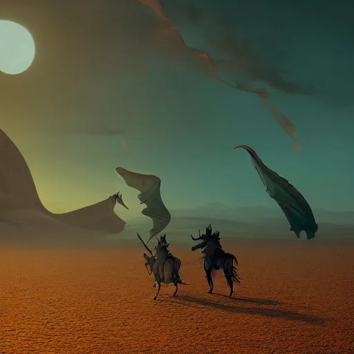 Image similar to dragon attacking adventurers, enchanted desert plateau, night time, lights in distance, cgsociety, realistic, roger deakins, 70mm, kodachrome, teal orange color palette 8k