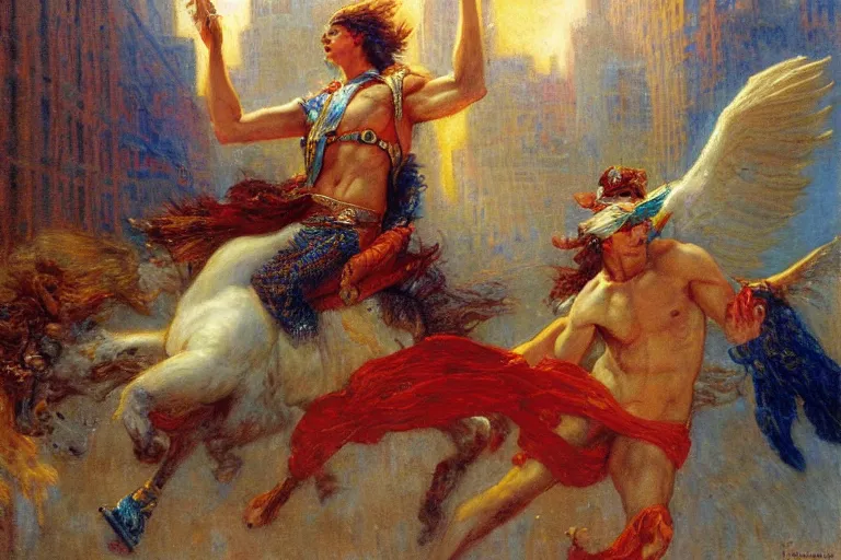 Prompt: portrait of the god hermes in modern times flying through a city to delivering pizza. art by gaston bussiere.