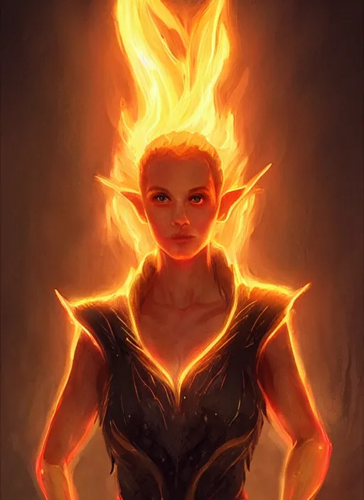 Image similar to a portrait fantastical glowing elf made of fire illustrated by artgerm and greg rutkowski