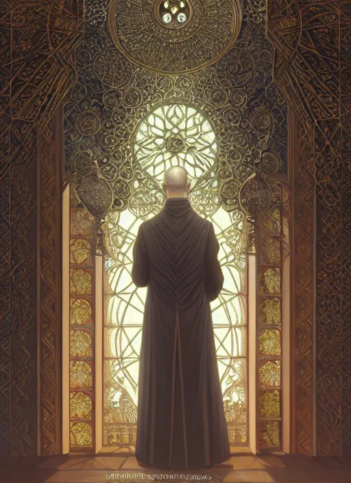 Image similar to grigori raspoutine praying in the mosque, intricate, elegant, highly detailed, my rendition, digital painting, artstation, concept art, smooth, sharp focus, illustration, art by artgerm and greg rutkowski and alphonse mucha and uang guangjian and gil elvgren and sachin teng,