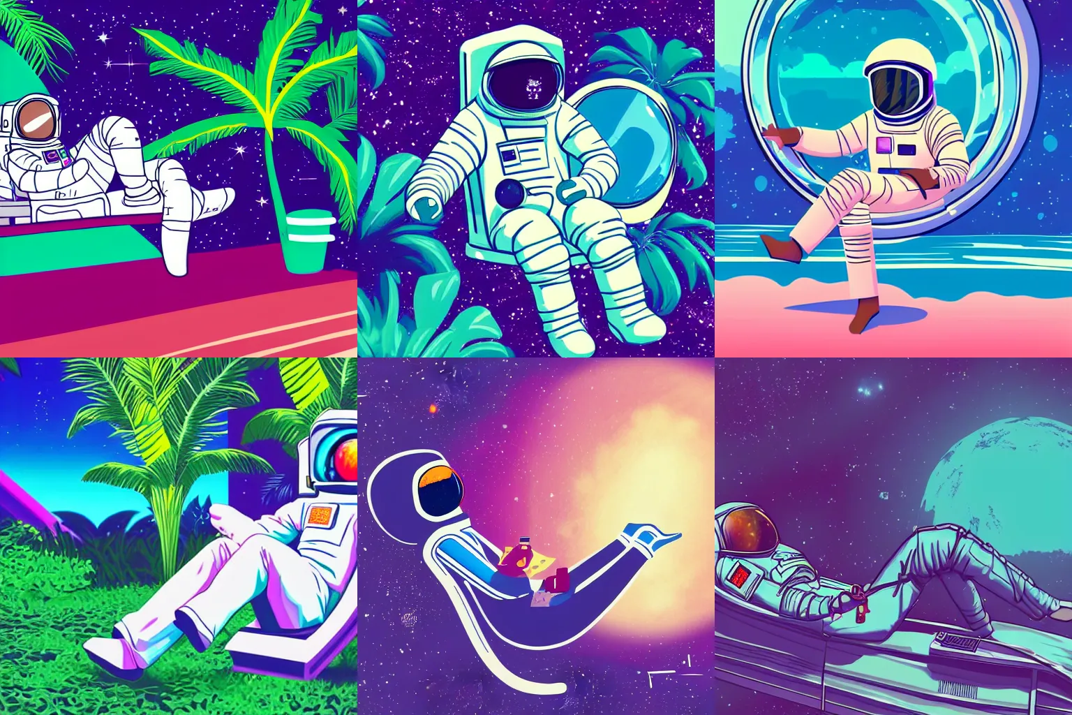 Prompt: an astronaut lounging in a tropical resort in space in a vaporwave style