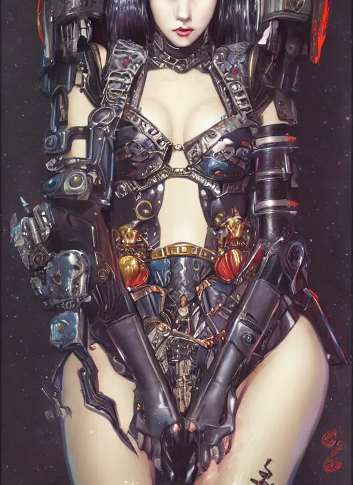 Image similar to portrait of cute beautiful young goth maiden in bikini armor, cyberpunk, Warhammer 40000, gothic, highly detailed, artstation, illustration, art by Gustav Klimt and Range Murata