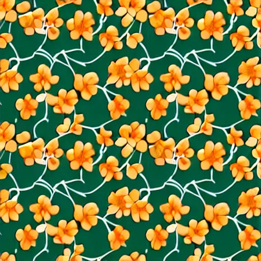 Image similar to repeating fabric pattern, minimalistic, miniature tiny orange and peach color flowers, green and brown vines and leaves, in the style of Bonnie Christine