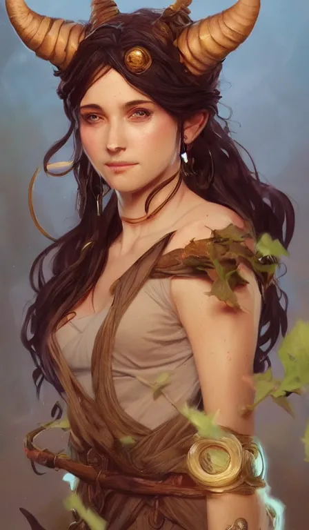 Image similar to cute Whimsical Tiefling Druid with cute horns , light-brown skin, D&D, fantasy, portrait, highly detailed, digital painting, artstation, concept art, sharp focus, illustration, art by greg rutkowski and alphonse mucha