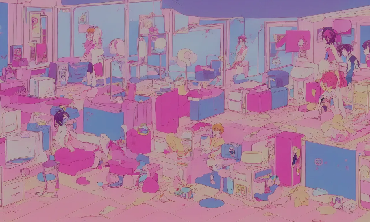 Prompt: A cute aesthetic still frame from an 80's or 90's anime bedroom