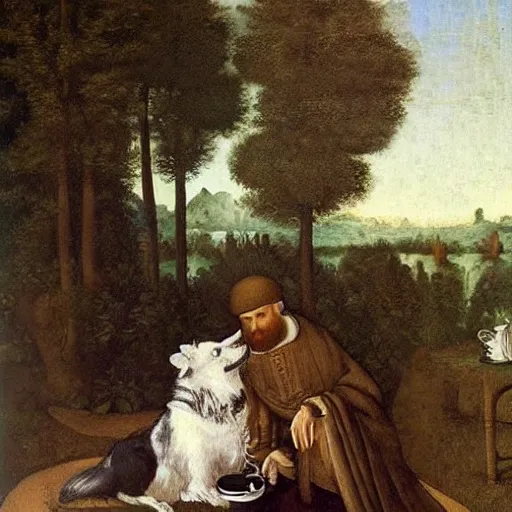 Prompt: “A painting of a dignified trans man with a large brown curly beard and his black and white husky enjoying a cup of tea in the writing garden, by Leonardo Da Vinci ”