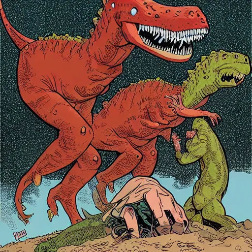 Prompt: a two headed dinosaur ripping a man in half, style of Geof Darrow