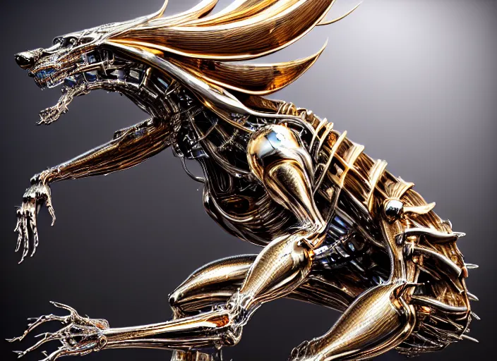 Prompt: white pearlescent, chrome, iridescent titanium, crystal, liquid gold, copper, bronze hybrid biomechanical wolf, by h. r. giger, cinematic forest lighting, crystalline masterpiece incrustations, hyperdetailed metalwork, in volumetric soft glowing mist, elegant pose, movie still, octane render, unreal engine, crepuscular rays,