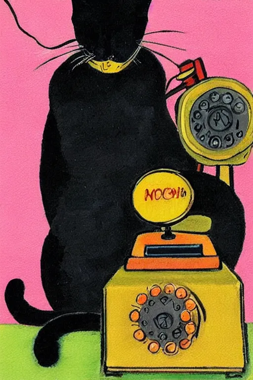 Image similar to black cat sitting next to vintage telephone, art by rosina wachtmeister