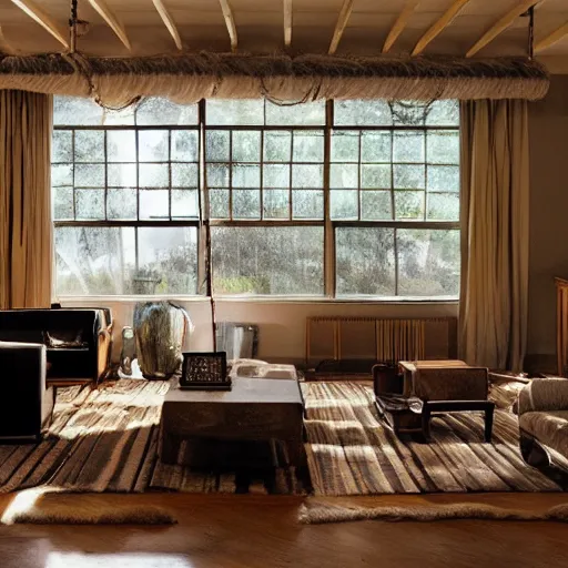 Image similar to a living room with the furniture hanging on visible black ropes from the ceiling. Long shot from a movie.