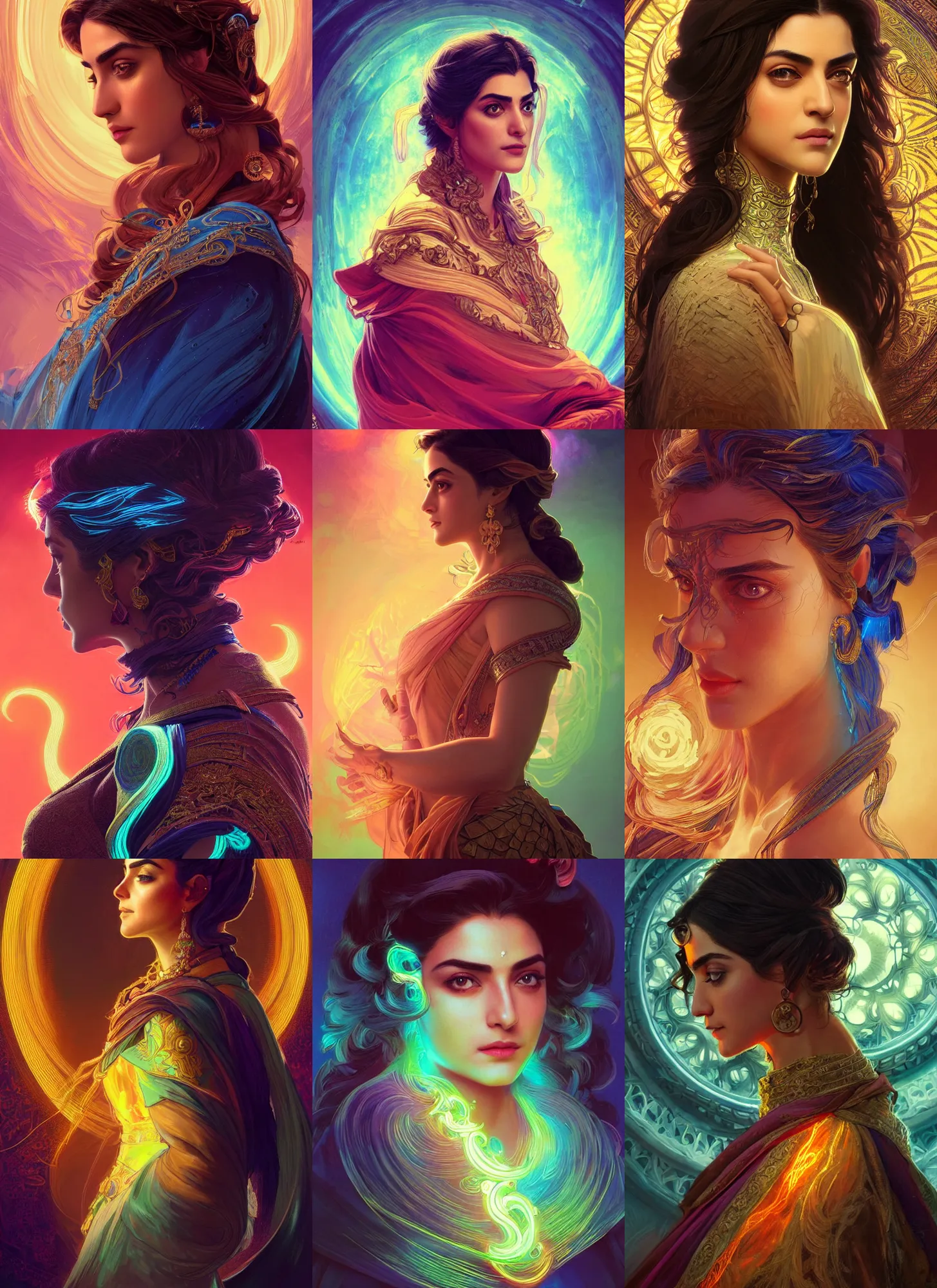 Prompt: Maya Ali as a sorcerer, side profile portrait, neon, fibonacci, insane, intricate, highly detailed, digital painting, artstation, concept art, smooth, sharp focus, illustration, Unreal Engine 5, 8K, art by artgerm and greg rutkowski and alphonse mucha