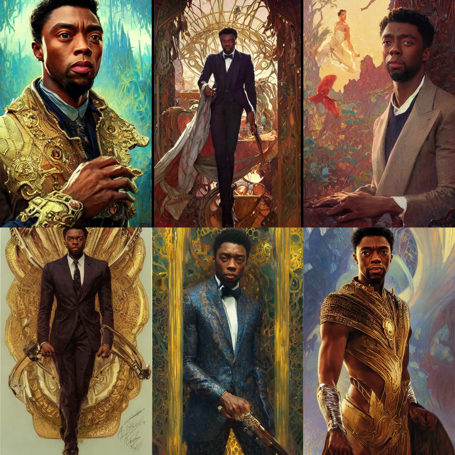 Prompt: 1 9 8 3 chadwick boseman portrait, fantasy, regal, intricate, by stanley artgerm lau, greg rutkowski, thomas kindkade, alphonse mucha, loish, norman rockwell